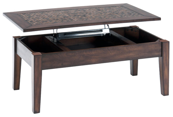 Wood And Metal Cocktail Table With Mosaic Tile Inlayed Lift-Top, Brown