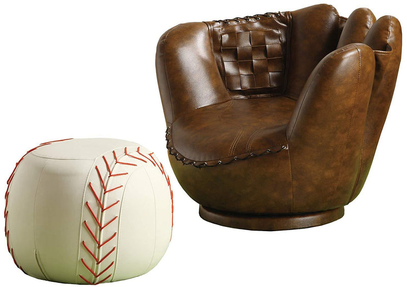 Baseball Glove Chair & Ottoman, Brown/White-Footstools and Ottomans-Brown/White-Leather-JadeMoghul Inc.