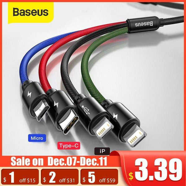 Baseus 3 in 1 USB Cable Type C Cable for Samsung S20 Redmi Note 9s Charging 4 in 1 Cable for iPhone X 11 Pro Max Micro USB Cable AExp