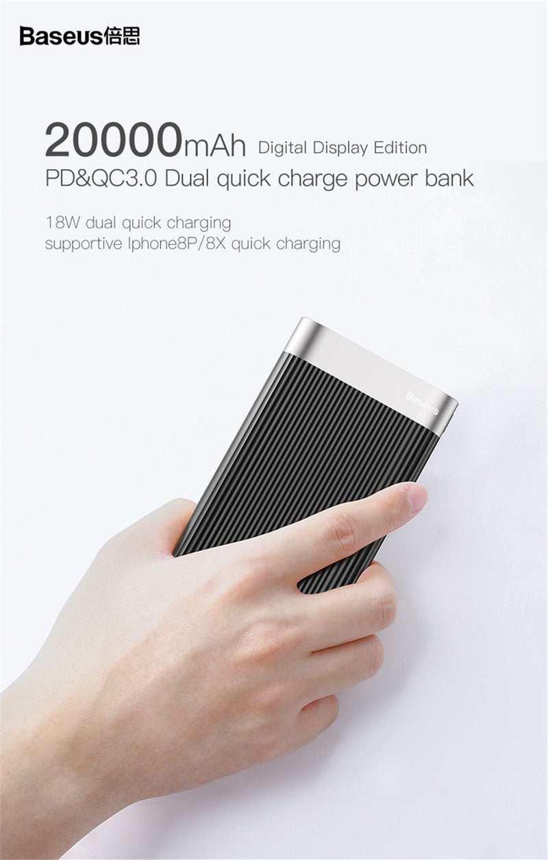 Baseus Portable 20000mah Power Bank Quick Charge QC3.0 Powerbank Mobile External Battery Pack Dual USB Power Bank for iPhone X-Black-JadeMoghul Inc.