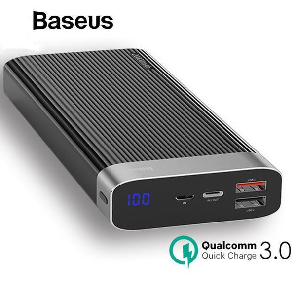 Baseus Portable 20000mah Power Bank Quick Charge QC3.0 Powerbank Mobile External Battery Pack Dual USB Power Bank for iPhone X-Black-JadeMoghul Inc.