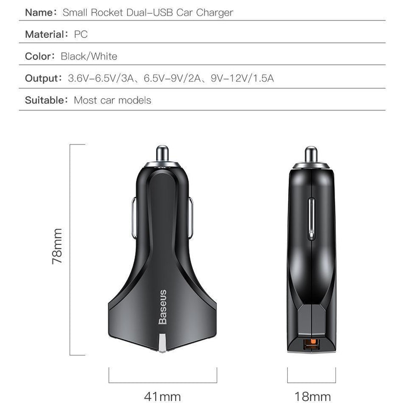 Baseus Quick Charge QC 3.0 Car Phone Charger Dual USB Fast Car Charger For iPhone Samsung Tablet GPS Mobile Phone Charger-BLACK-JadeMoghul Inc.