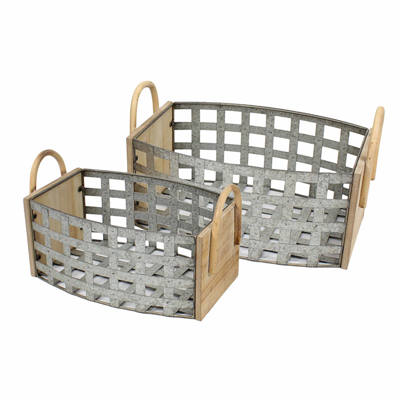 Transitional Style Tin and Wooden Woven Galvanized Basket with Two Handles, Gray, Set of Two