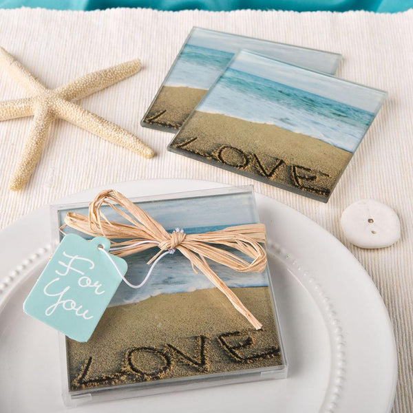 Beach Love themed set of 2 glass coasters from fashioncraft-Personalized Coasters-JadeMoghul Inc.