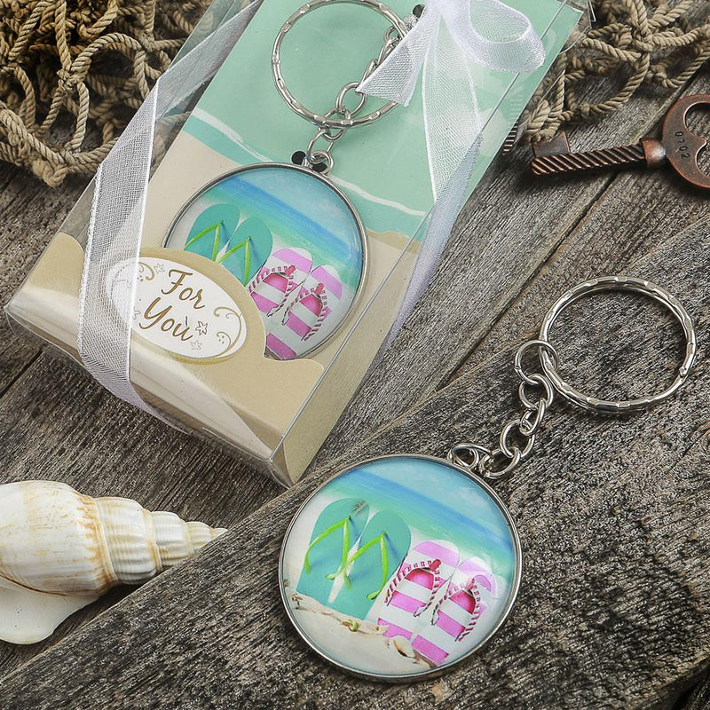 Beach themed flip flop design key chain with a clear glass dome-Celebration Party Supplies-JadeMoghul Inc.