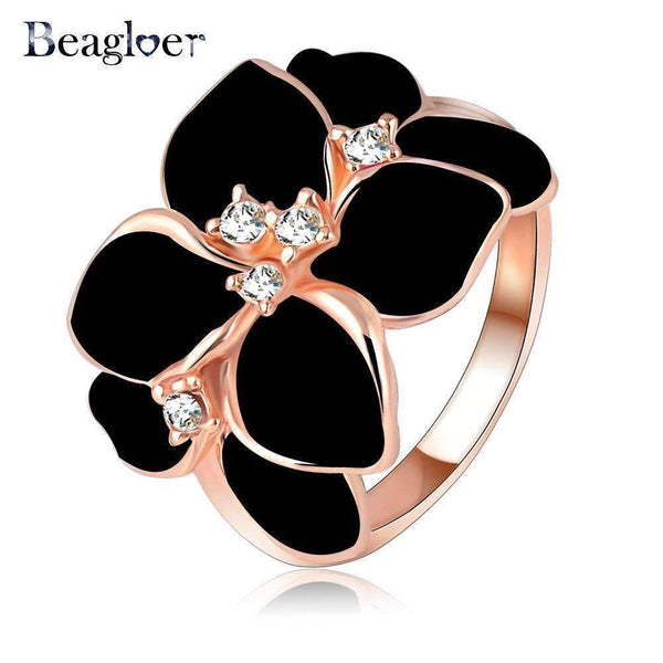 Beagloer Hotting Sale Jewelry Ring With Rose Gold Color Austrian Crystal Black Enamel Flower/Wedding Ring For Women Ri-HQ1006-6.5-A 1-JadeMoghul Inc.