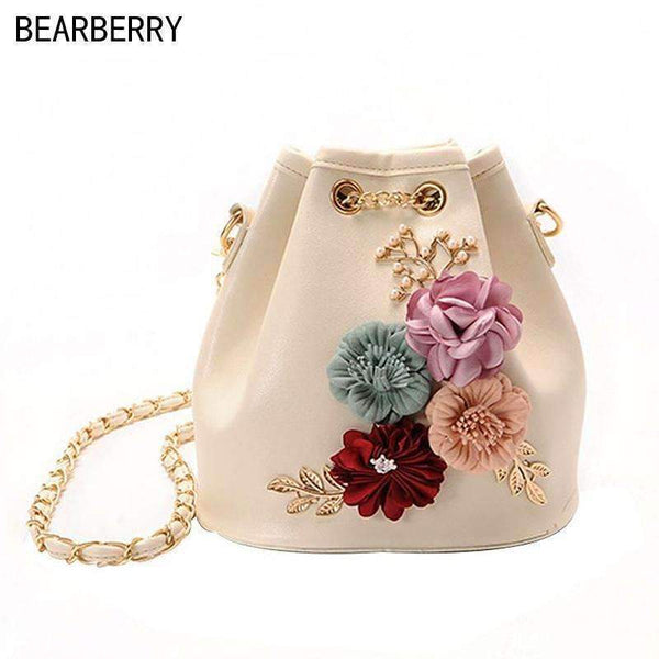 Bearberry handmade Leaves Decals flowers bucket bags mini shoulder bags with chain Drawstring small cross body bags pearl bags-beige-JadeMoghul Inc.