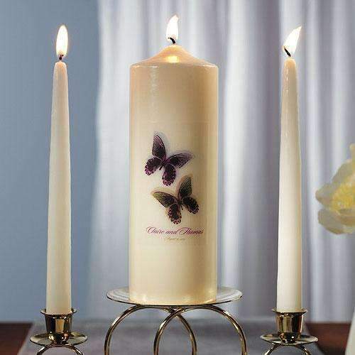 Beautiful Butterflies Personalized Pillar Candle Ivory Plum (Pack of 1)-Wedding Ceremony Accessories-Carribean Blue-JadeMoghul Inc.