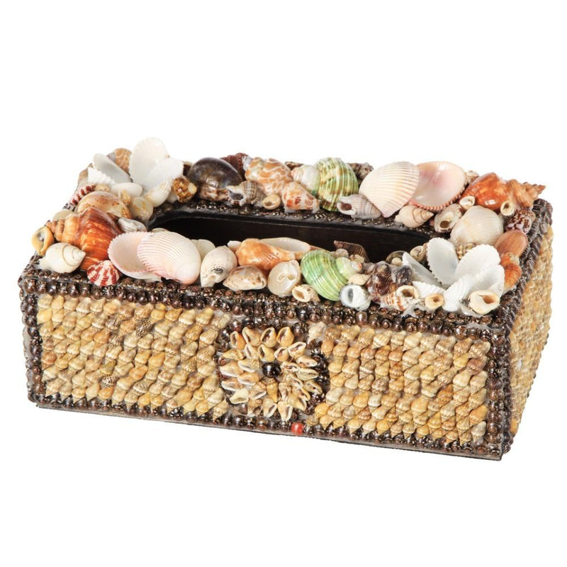 Beautifully Decorated Plywood Tissue Box With Natural Seashells, Multicolor-Jewellery Holder And Box-Multicolor-PlyWood and Natural Shells-JadeMoghul Inc.