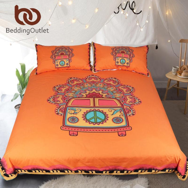 BeddingOutlet Hippie Vintage Car Bedding Set Orange Mandala Quilt Cover Peace Design Bed Set Bohemian a Mini Van Bedclothes 3pcs-US Twin-JadeMoghul Inc.