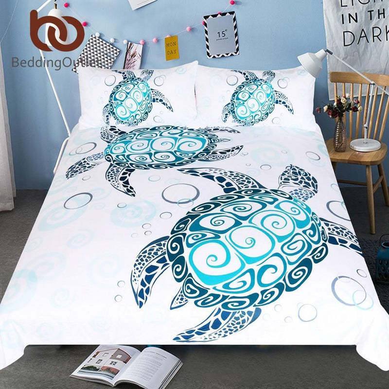 BeddingOutlet Turtles Bedding Set Tortoise Duvet Cover Marine Animal Home Textiles 3-Piece Cartoon Blue and White Bedclothes-US Twin-JadeMoghul Inc.