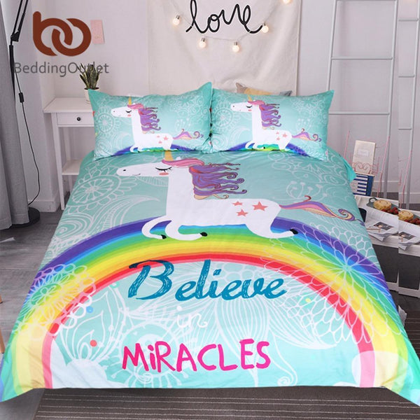 BeddingOutlet Unicorn Bedding Set Believe Miracles Cartoon Single Bed Duvet Cover Animal for Kids Girls 3pcs Rainbow Bedspreads-USA Twin-JadeMoghul Inc.