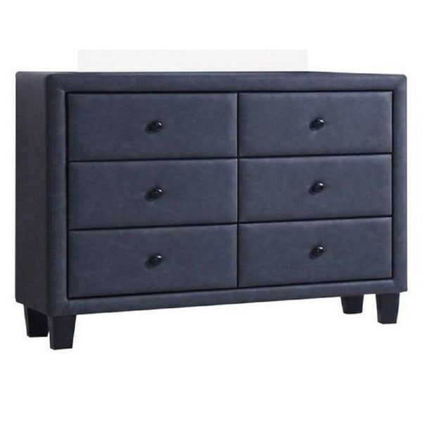 Bedroom Furniture Polyurethane Upholstered Six Drawer Dresser With Wooden Tapered Leg, Gray Benzara