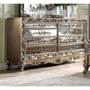 Bedroom Furniture Raised Scrolled Floral Inlaid Wooden Dresser with Mirror Front, Gold & Brown Benzara