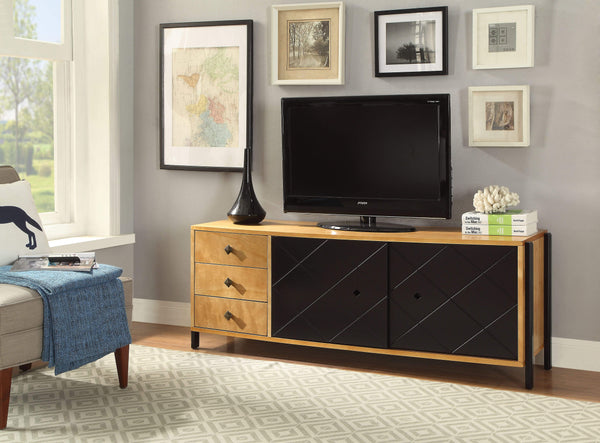 Bedroom Furniture Rectangular Three Drawers Wooden TV Console with Sliding Door Storage, Natural Brown and Black Benzara