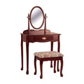 Vanity Table And Stool Set With Oval Mirror, Cherry Brown-Bedroom Furniture Sets-Cherry Brown-Wood-JadeMoghul Inc.