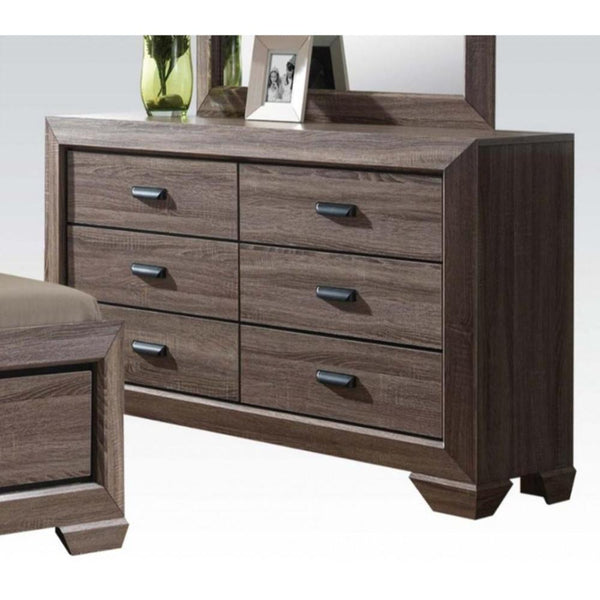 Bedroom Furniture Six Drawer Dresser With Scalloped Feet In Weathered Gray Grain Finish Benzara