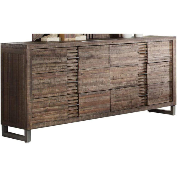 Bedroom Furniture Six Drawers Wooden Dresser with Metal Sled Legs, Reclaimed Oak Brown Benzara