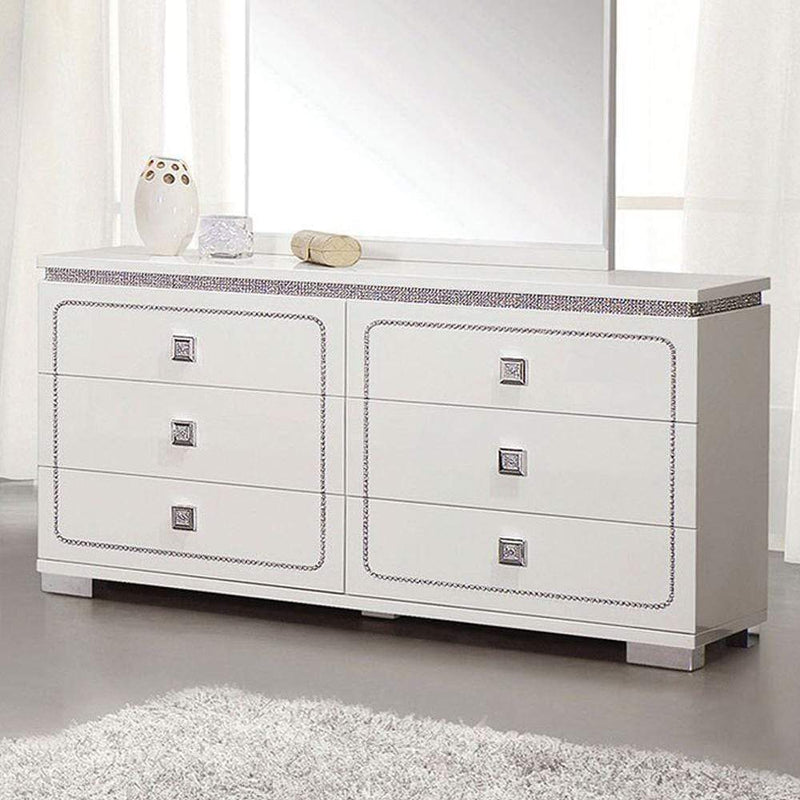 Bedroom Furniture Six Drawers Wooden Dresser with Square Metal Hardware, Glossy White Benzara