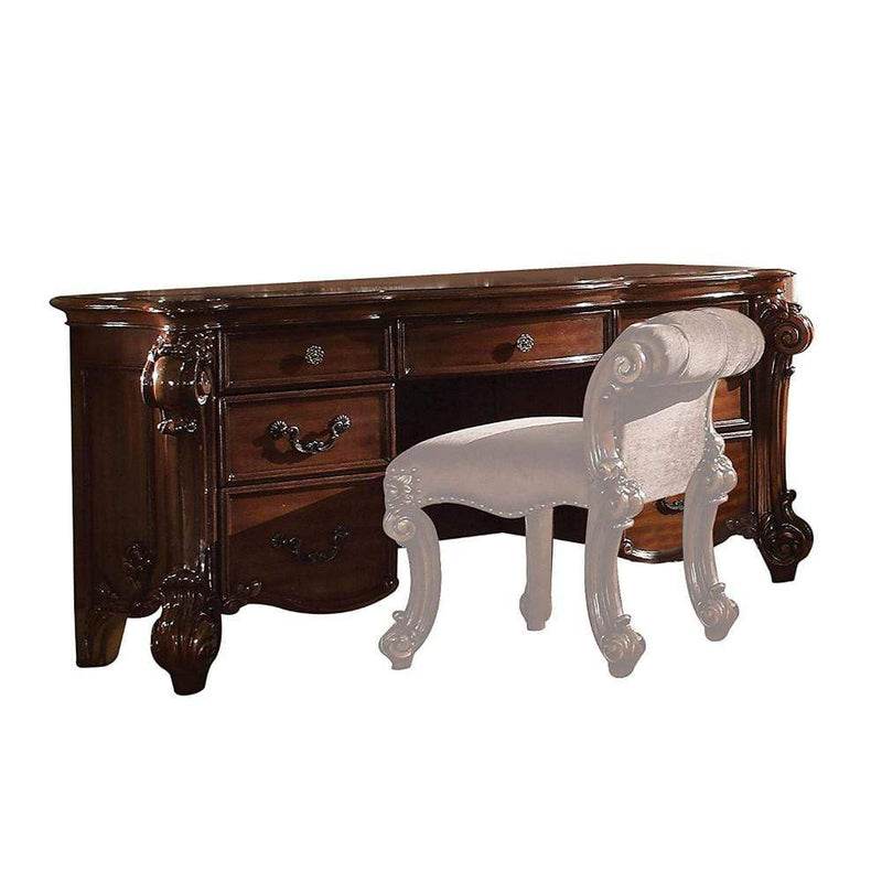 Bedroom Furniture Spacious Wooden Vanity Desk with Scrolled Poster Legs, Cherry Brown Benzara