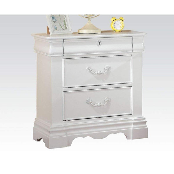 Bedroom Furniture Three Drawer Nightstand With One Hidden Top Drawer And Scalloped Feet, White Benzara