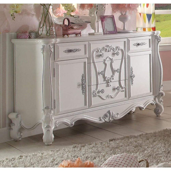 Traditional Style Wooden Dresser with 5 Drawers and 2 Cabinets, White