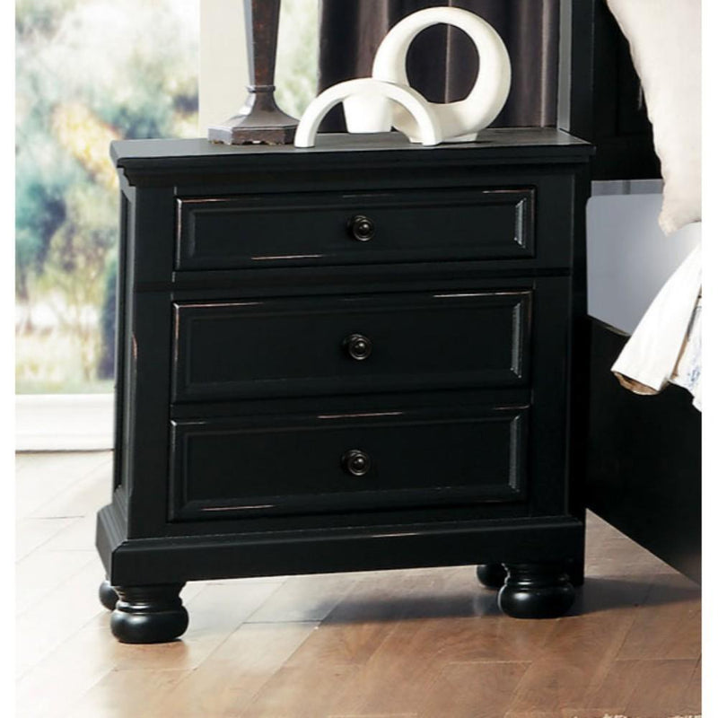 Transitional Style Two Drawer Wooden Night Stand with Round Bun Legs, Black