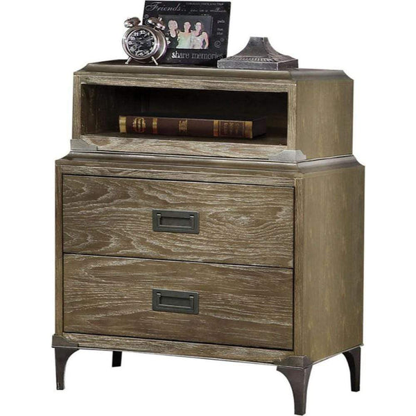 Transitional Style Wood and Metal Nightstand with 2 Drawers, Oak Brown