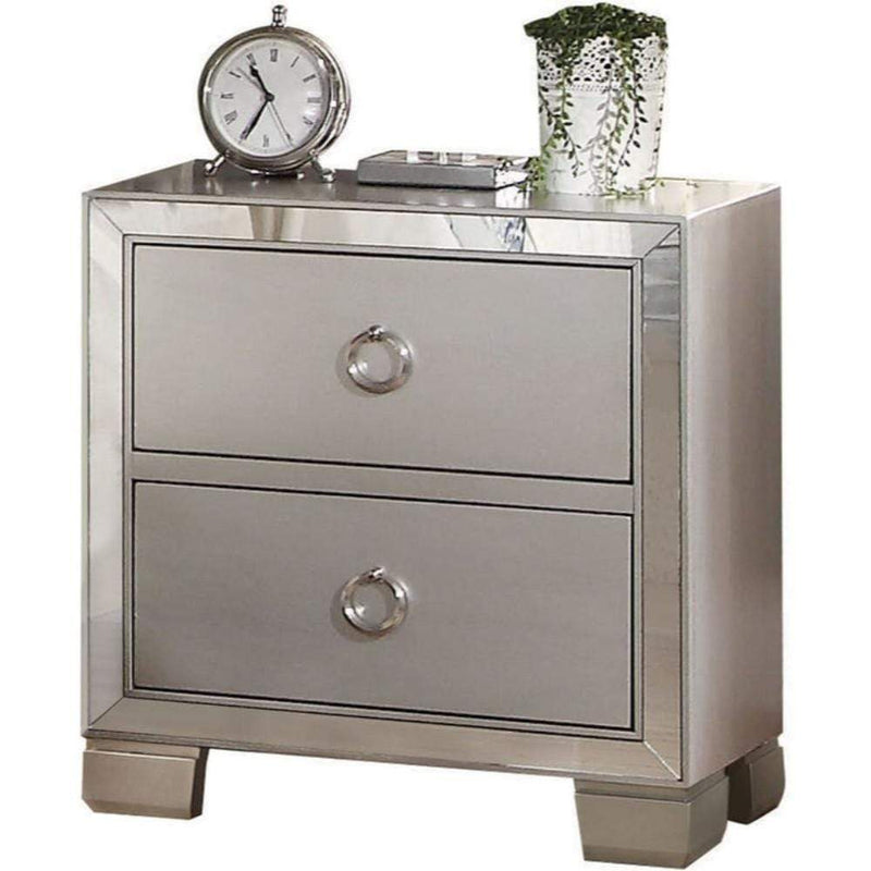 Two Drawer Nightstand With Mirror Insert Front Trim, Platinum