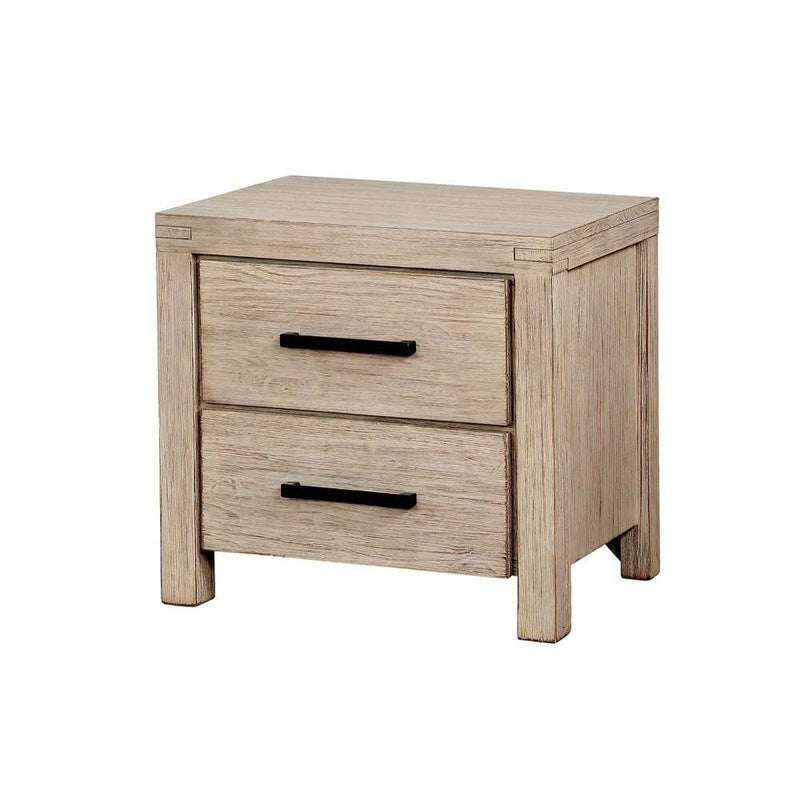 Two Drawer Solid Wood Nightstand with Block Legs and Bar Handles, Antique White