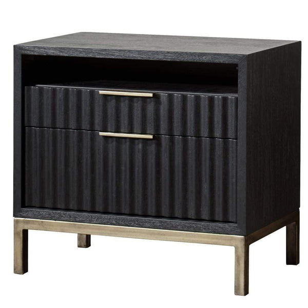 Wood and Metal Nightstand with Scalloped Drawer Fronts, Black and Brass