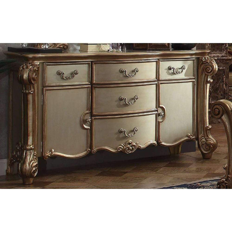 Wooden Dresser with Scrolled Poster Legs, Gold And Bone White