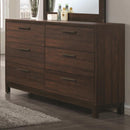 Wooden Dresser with Six Drawers and Metal Bar Handles, Dark Brown