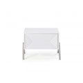 Wooden Nightstand with One Drawer and Inverted V shaped Steel Legs, White and Silver