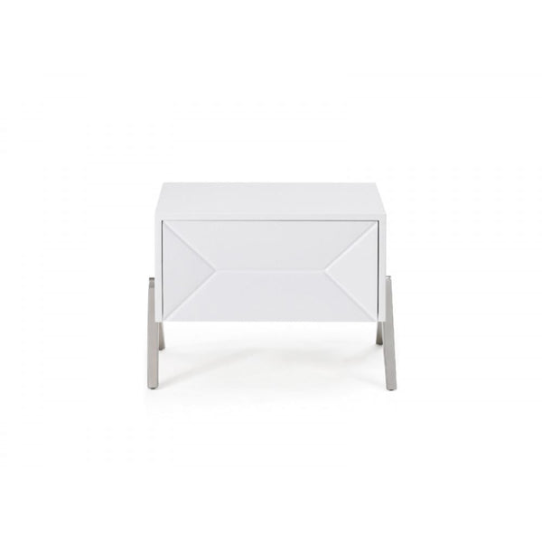 Wooden Nightstand with One Drawer and Inverted V shaped Steel Legs, White and Silver