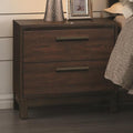 Wooden Nightstand with Two Drawers and Metal Bar Handles, Brown