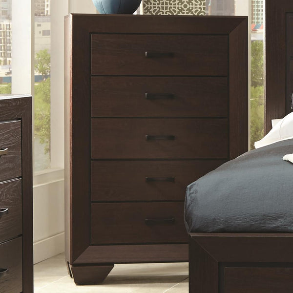 Wooden Transitional Five Drawer Chest, Dark Cocoa Brown