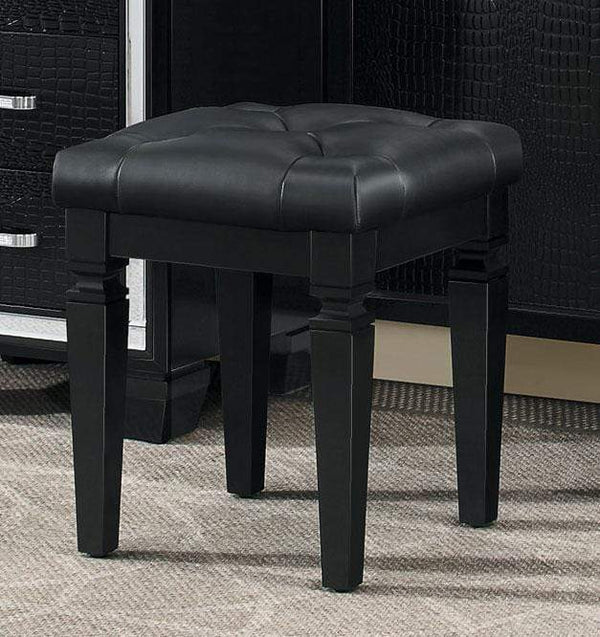 Wooden Vanity Stool With Faux Leather Tufted Seat, Black