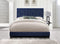 Transitional Fabric Upholstered Queen Bed with Block Legs and Nail Head Trims, Blue
