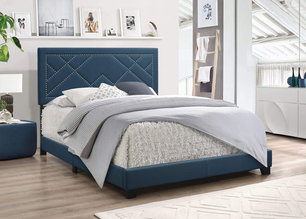 Transitional Fabric Upholstered Queen Bed with Block Legs and Nail Head Trims, Teel Blue