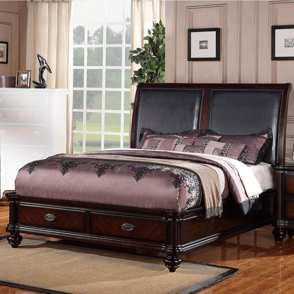 Wooden Cal.King Bed With Black PU HB & 2 Under Bed Drawers