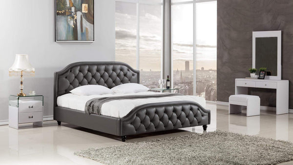 Bedroom Sets Wooden California King Size Bed with Button Tufted Leatherette Headboard, Dark Gray Benzara