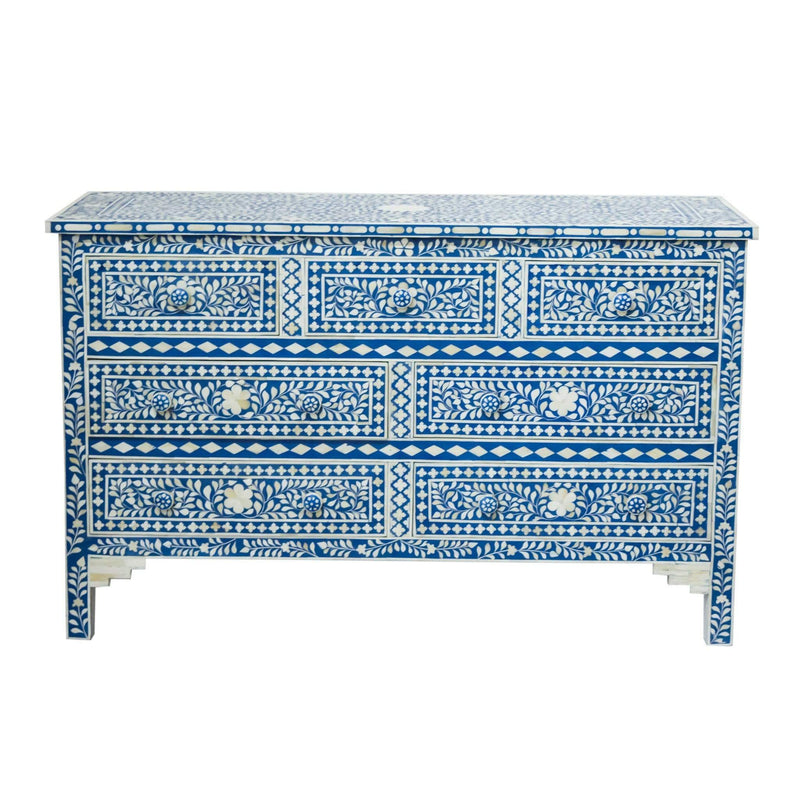 Beds Bedroom Chest of Drawers - 19" X 55" X 35" Blue Bone Resin Mdf Birchwood Ply Chest 7 Drawers HomeRoots
