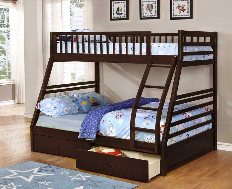 Beds Bunk Bed For Kids - 78'.75" X 42'.5-57'.25" X 65" Brown Manufactured Wood and Solid Wood Twin/Full Bunk Bed with 2 Drawers HomeRoots