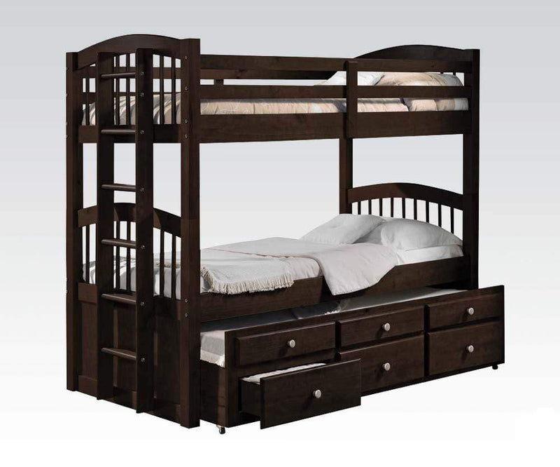 Beds Bunk Beds - 80" X 41" X 71" Espresso Twin Over Twin Bunk Bed And Trundle With 3 Drawers HomeRoots