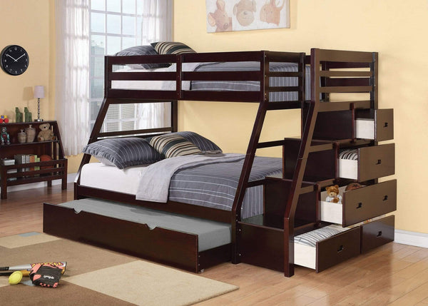 Beds Bunk Beds - 98" X 56" X 65" Espresso Pine Wood Bunk Bed (Twin/Full) with Trundle HomeRoots