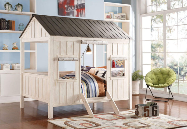 Beds Full Size Bed - 84" X 59" X 77" Weathered White And Washed Gray Cottage Full Bed HomeRoots