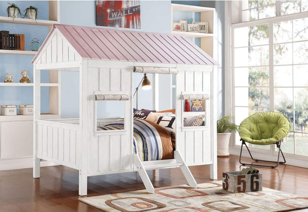 Beds Full Size Bed - 84" X 59" X 77" White And Pink Cottage Full Bed HomeRoots