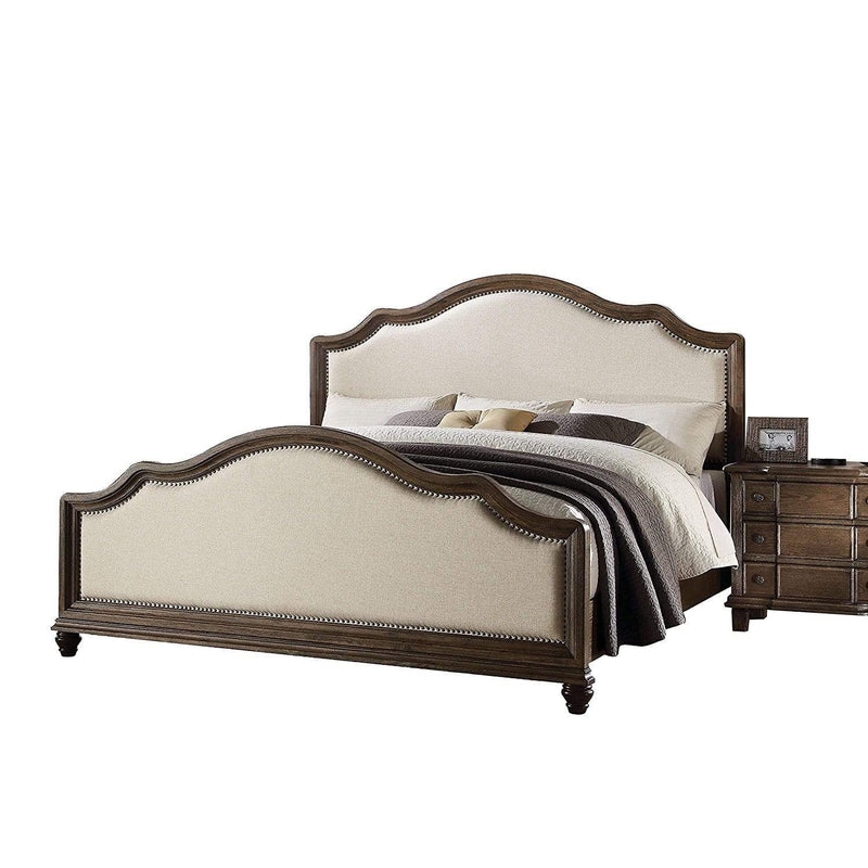 Beds King Bed Frame - 88" X 82" X 59" Beige Linen And Weathered Oak Eastern King Bed HomeRoots