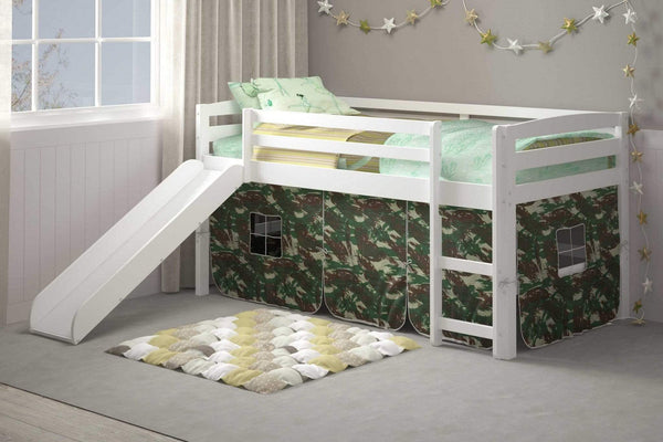 Beds Loft Bed - 41" X 81" X 46" White Solid Pine Camo Tent Loft Bed with Slide and Ladder HomeRoots